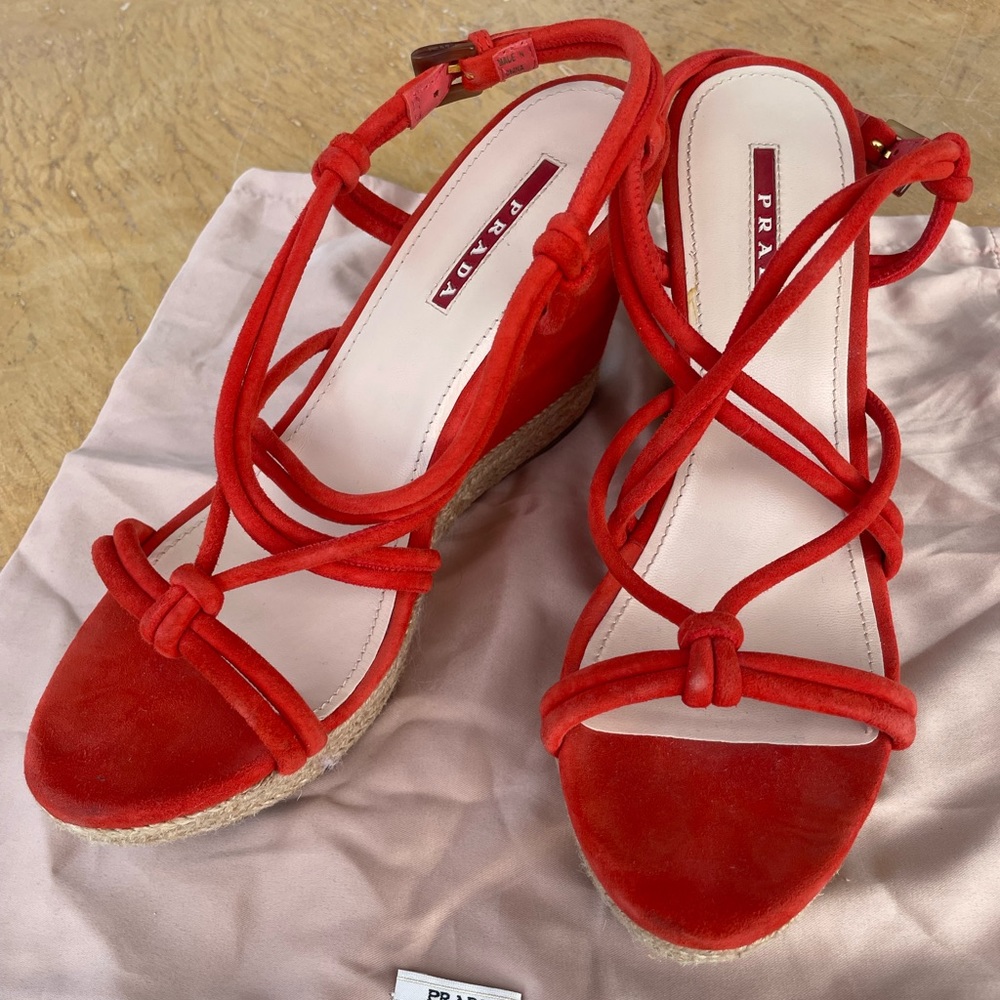 Suede Red Prada Wedges